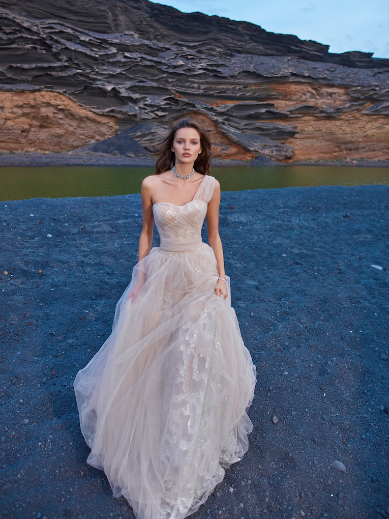 Unique Light Blush A Line Wedding Dress With Deep V-neck Sparkly Lace  Bodice and Tulle Skirt, 2023 by Boom Blush -  Canada