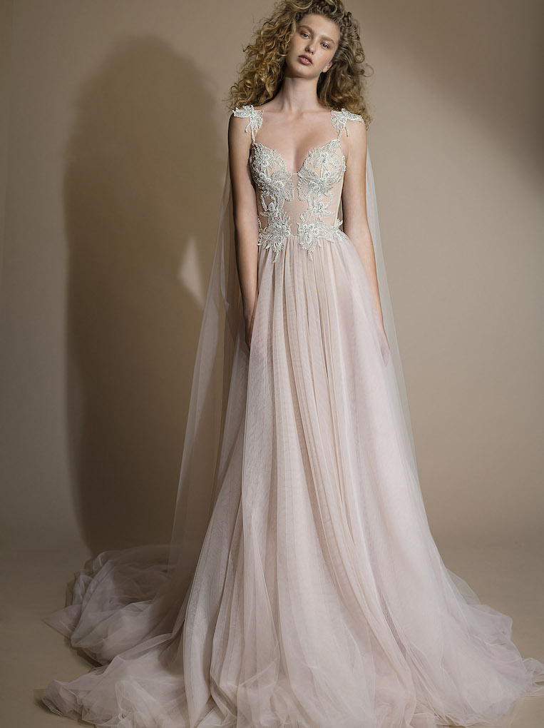 Unique Light Blush A Line Wedding Dress With Deep V-neck Sparkly Lace  Bodice and Tulle Skirt, 2023 by Boom Blush -  Canada