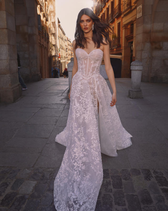 Uma  Sparkling Sheer Corset Wedding Gown with High Slit - Encanto